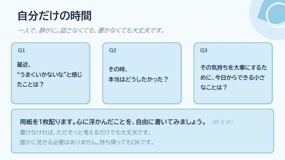 自分の気持ちや次の一歩について静かに考える活動